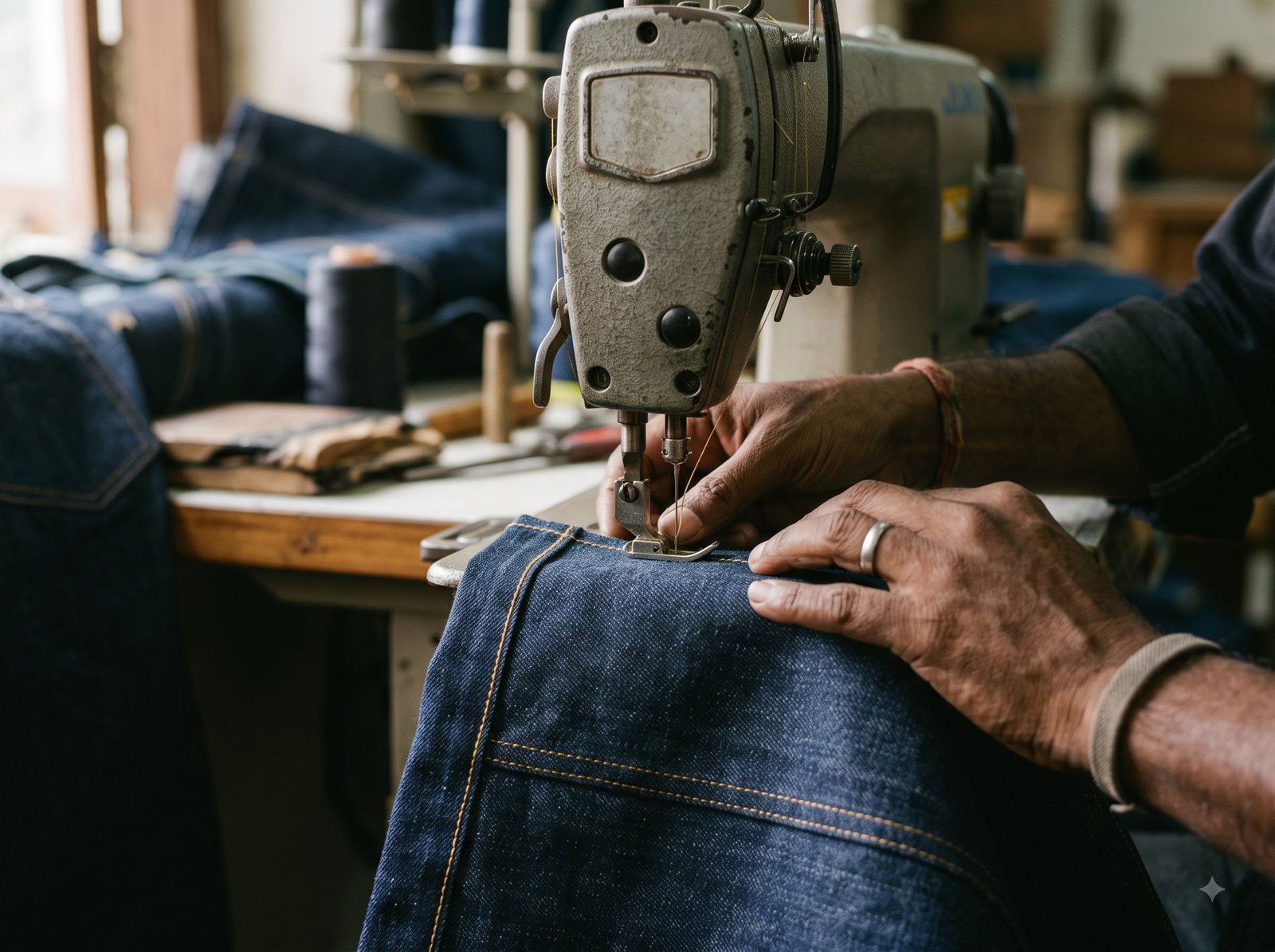 Denim garment construction in progress